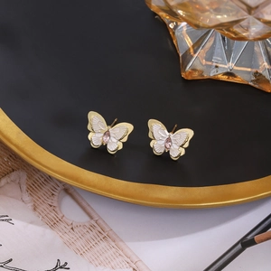 French vintage butterfly stud earrings with pink zircon and white enamel in gold