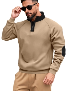 Détail du sweat-shirt henley kaki pour homme avec col montant noir et coudières