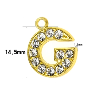 Detailed view of gold 14.5mm letter G pendant with sparkling rhinestones for DIY jewelry