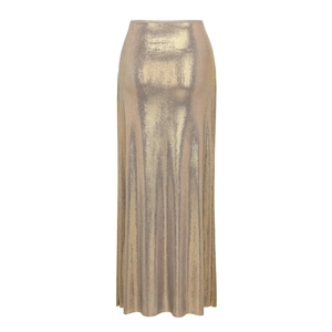 Detail of high-waist gold metallic maxi skirt featuring a glossy finish and flowing texture