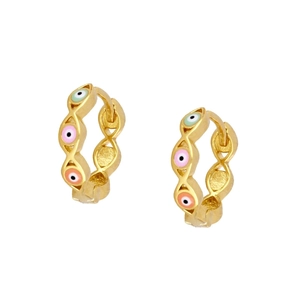 Detail of S925 silver gold plated evil eye hoops with colorful enamel eye patterns