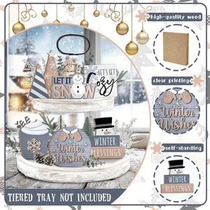 6-piece winter layered tray decor set featuring gray snowman and wooden holiday ornaments
