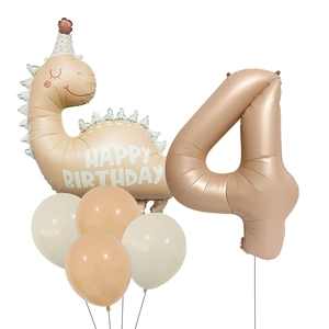 Matte caramel dinosaur balloon set with number 4 for birthday party decorations