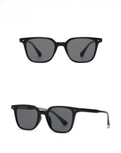 Front and side view of trendy black square sunglasses with dark tinted lenses