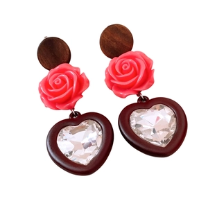 Vintage wood bead heart earrings with pink resin rose and sparkling crystal drops