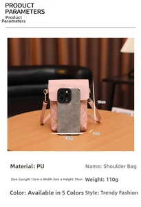 Pink quilted PU leather crossbody bag 13x19cm with chain strap and phone size reference