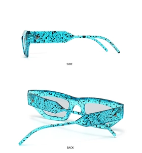 Detail showing blue ink spot texture on trendy cat eye sunglasses from side and back views