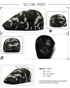 Detailed view of camouflage cotton beret with adjustable buckle and size specifications
