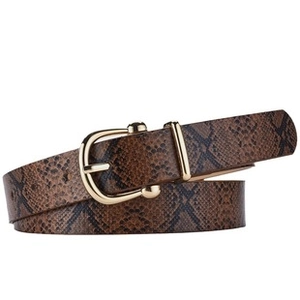 Close-up of women's belt featuring faux snake pattern and golden horseshoe buckle
