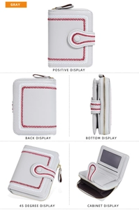 Multi-angle views of grey PU leather wallet with red stitching and card slots