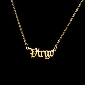 Detailed view of Virgo gothic letter pendant in gold-plated stainless steel with chain