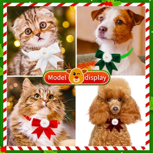 Multiple dogs and cats wearing velvet Christmas bowties in white, red and green colors
