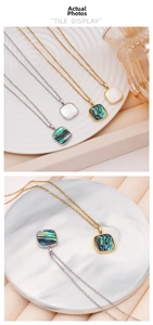 Detail of square mother of pearl pendant necklace in gold and silver finish options