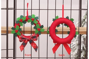 Detailed front and back view of red felt Christmas wreath with plaid bow ornament