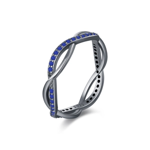 S925 sterling silver entwined ring featuring a row of blue gemstones on a white background