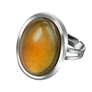 Macro shot of an adjustable silver ring featuring a large oval amber thermochromic stone
