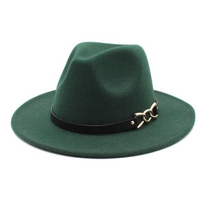 Dark green wide brim fedora hat with black leather band and gold chain buckle detail