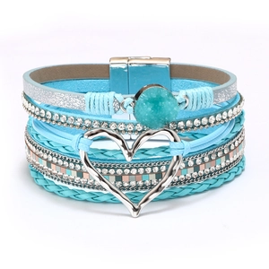 Bohemian multi-layer blue leather bracelet with heart pendant, rhinestones and magnetic clasp