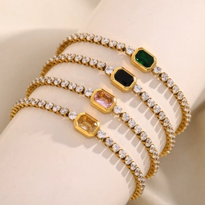Tennis Bracelet 18K Gold Plated Stainless Steel Cubic Zirconia Octagonal Emerald Cut Gemstone Jewelry For Women