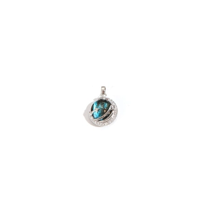 Silver stainless steel moon and star necklace with iridescent blue-green planet pendant