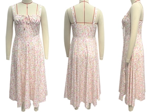 Detailed views of a summer floral midi dress with backless design and drawstring chest detail