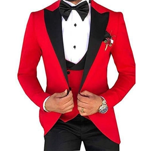Mens red three-piece formal suit with black peak lapels for wedding or business events