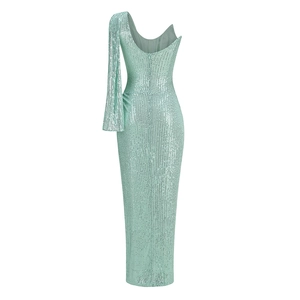 Detail of the back view of mint green sequin maxi dress showing one-shoulder and slit