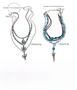 Detail of Western turquoise necklaces with cactus and bull pendants and size specs