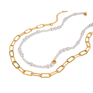 Double Layer Necklace Stainless Steel With Glass Artificial Pearl And Heart Pendant Paperclip Chain Link Fashion Jewelry For Women