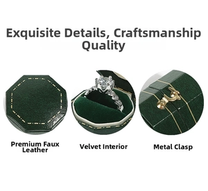 Detail of octagonal dark green jewelry box with gold stitching and metal clasp mechanism