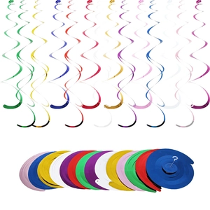 Detailed view of colorful PVC hanging swirls for party decoration in various vibrant shades