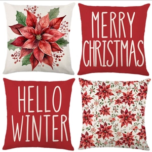 Christmas Pillow Covers Linen Poinsettia Flower Merry Christmas Winter Home Sofa Decorative Cushion Case