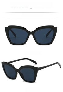 Front and 45-degree angle view of black cat eye sunglasses with sharp material detail