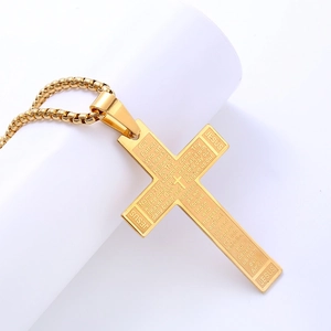 Vintage Stainless Steel Cross Pendant Necklace Religious Lord's Prayer Jesus Engraved Men Jewelry Accessory