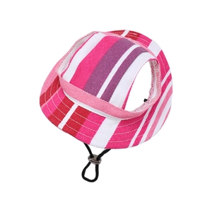 Pink and white striped pet sun hat with ear holes and adjustable drawstring cord