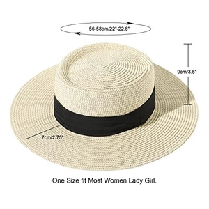 Detailed dimension chart for beige flat top straw hat with 56-58cm head circumference