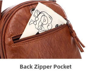 Detail of the back anti-theft zipper pocket on a brown vintage crossbody bag