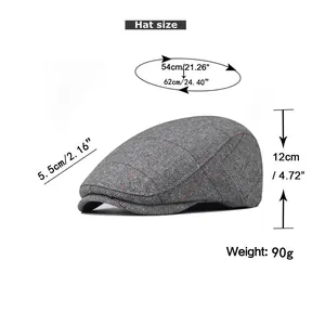 Size chart showing head circumference 54-62cm for the grey herringbone flat cap