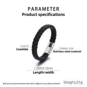 Detailed view of black woven leather men's bracelet with 220x13mm size specifications