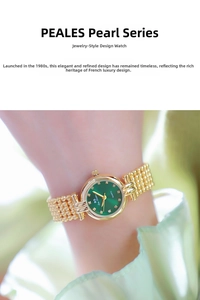 Detailed view of women's gold mesh strap watch with vintage green dial and crystals