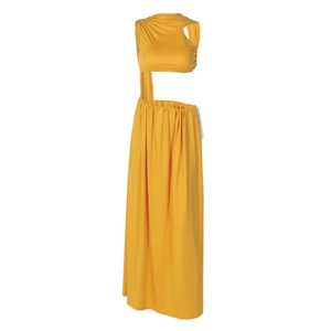 Detailed view of yellow cut-out maxi dress with asymmetrical shoulder and side tie design