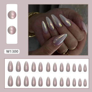 Iridescent aurora almond press-on nails with pearlescent finish and stiletto shape