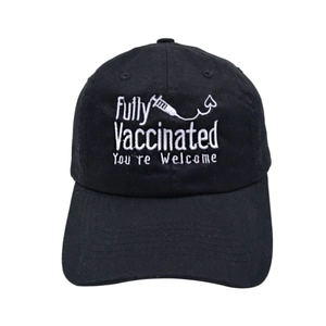 Close-up of Fully Vaccinated embroidery and syringe heart icon on black baseball cap