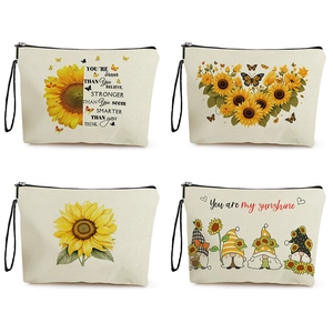 Sunflower Makeup Bag Linen Zipper Cosmetic Pouch With Wrist Strap Travel Toiletry Organizer For Women Butterfly Print