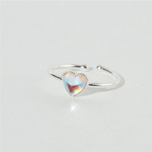 Minimalist 925 sterling silver open ring with a rainbow heart-shaped crystal stone