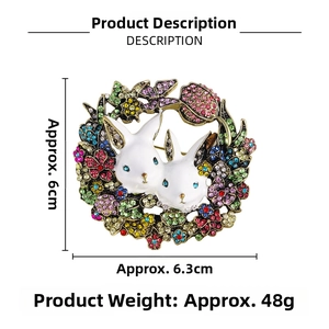 Detail view of rabbit wreath brooch with multi-colored rhinestones and 6cm x 6.3cm size