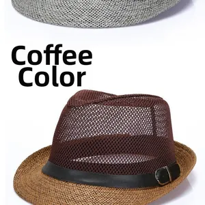 Detail of coffee straw fedora with breathable mesh weave and black leather belt buckle