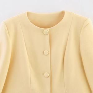 Slim fit light yellow women blazer with round neck and three front buttons for elegant style