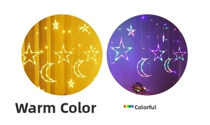 Detail view of star and moon LED curtain lights in warm white and multi-color effects