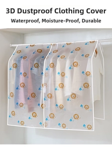 Detail view of large 3D garment dust cover with cartoon lion print hanging in a closet